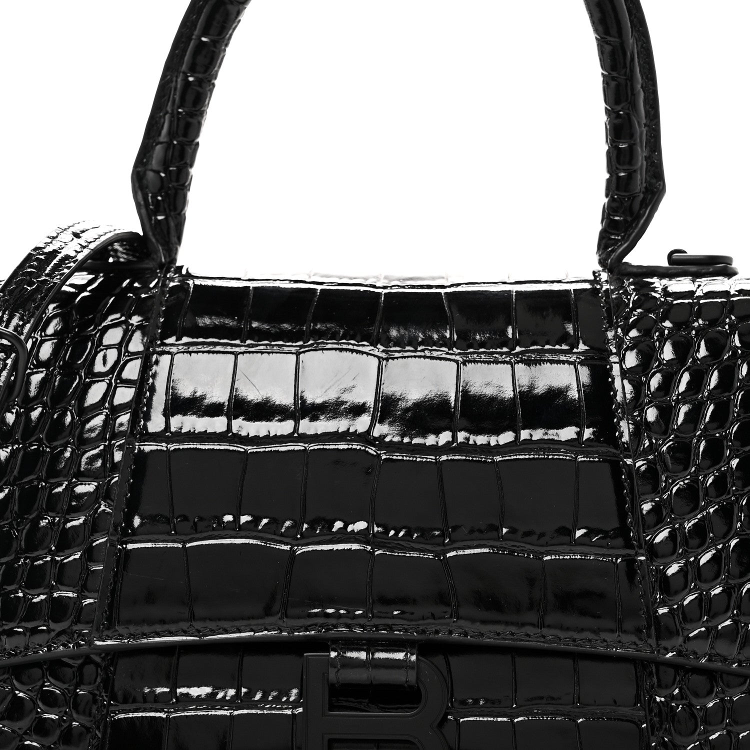 Balenciaga Shiny Calfskin Monochrome Crocodile Embossed Small Hourglass Top Handle Bag Black 8 of 10