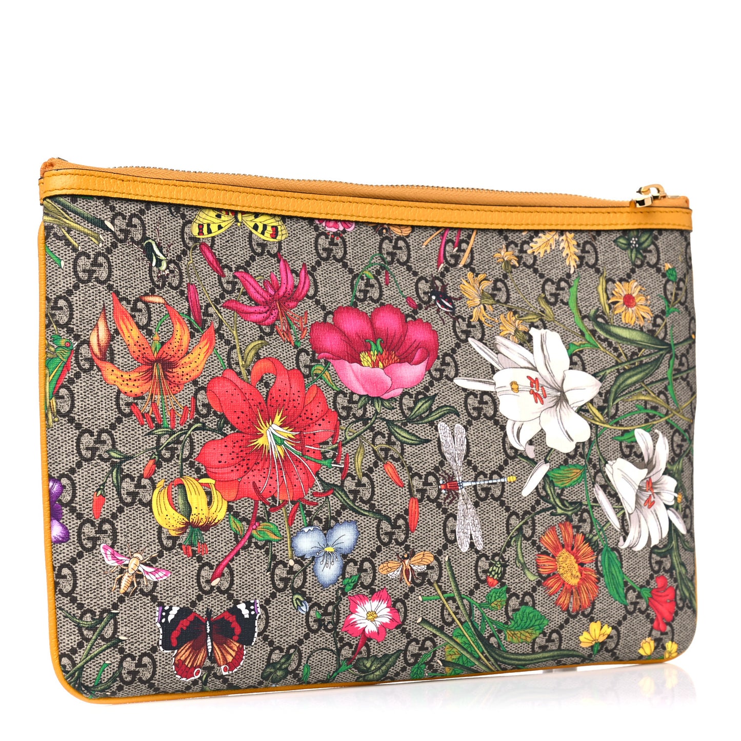 GG Supreme Monogram Flora Large Ophidia Pouch Clutch Beige Multicolor Crop