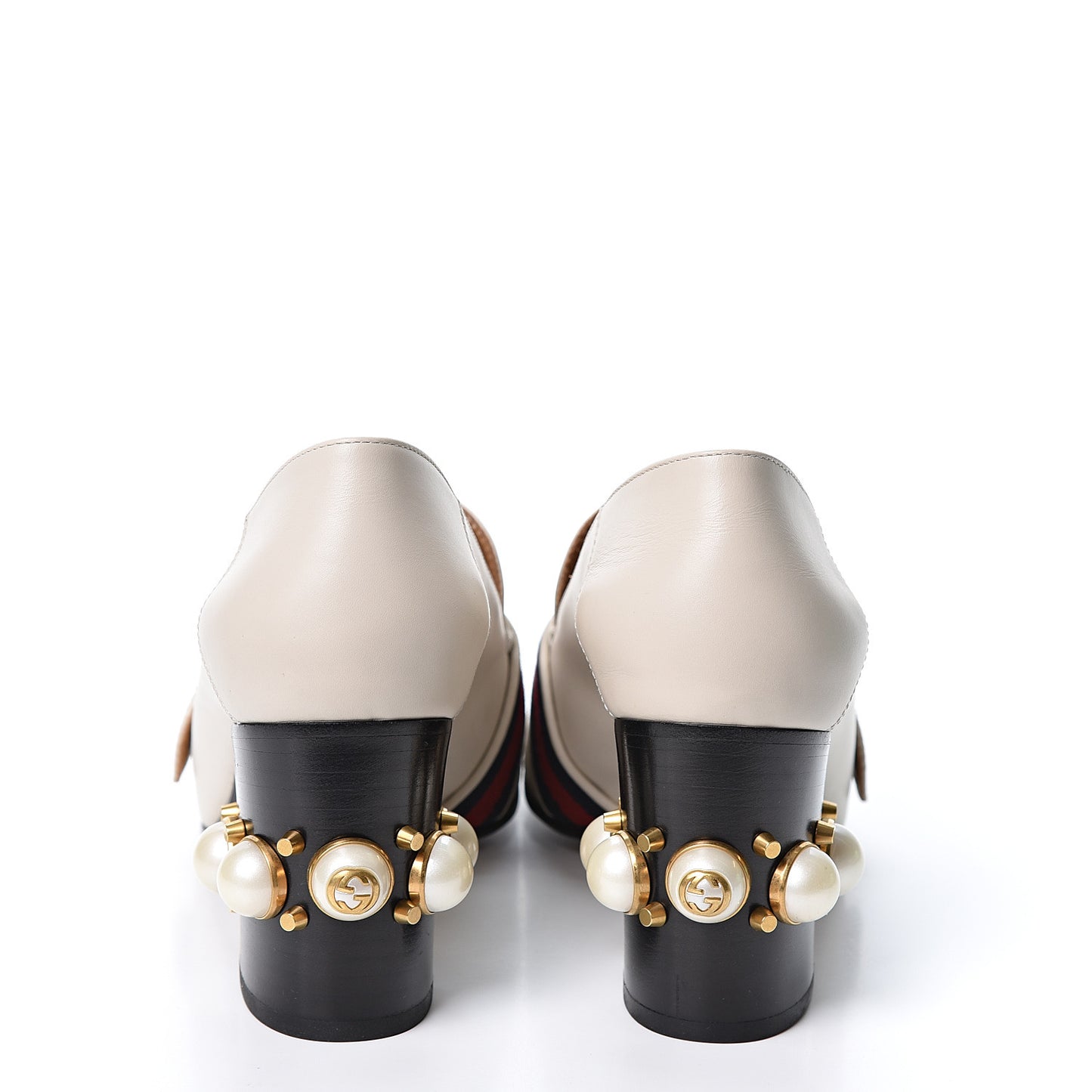 Betis Glamour Calfskin Web Pearl Embellished Peyton 75mm Loafer Pumps 39 Mystic White