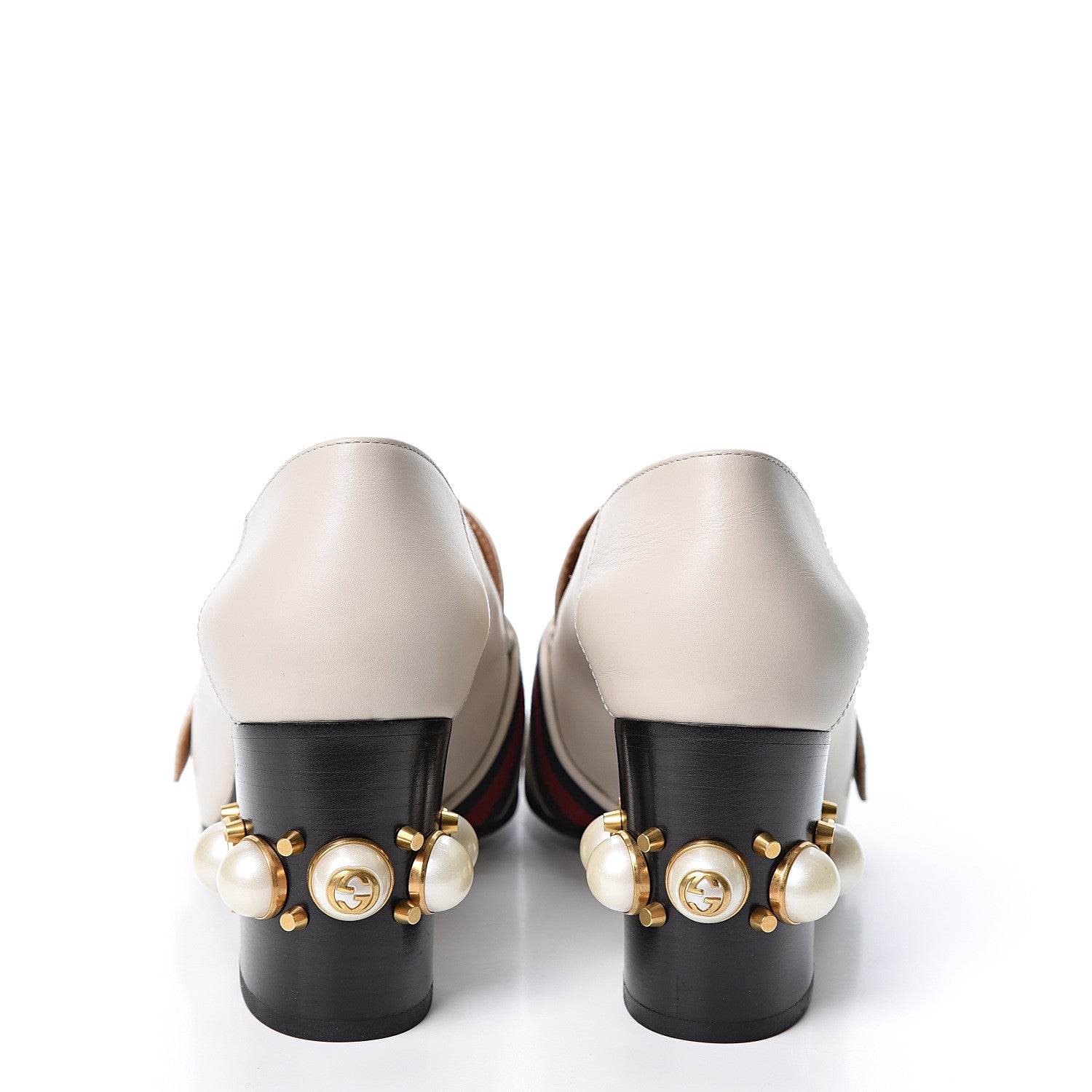 Gucci Betis Glamour Calfskin Web Pearl Embellished Peyton 75mm Loafer Pumps 39 Mystic White 4 of 10