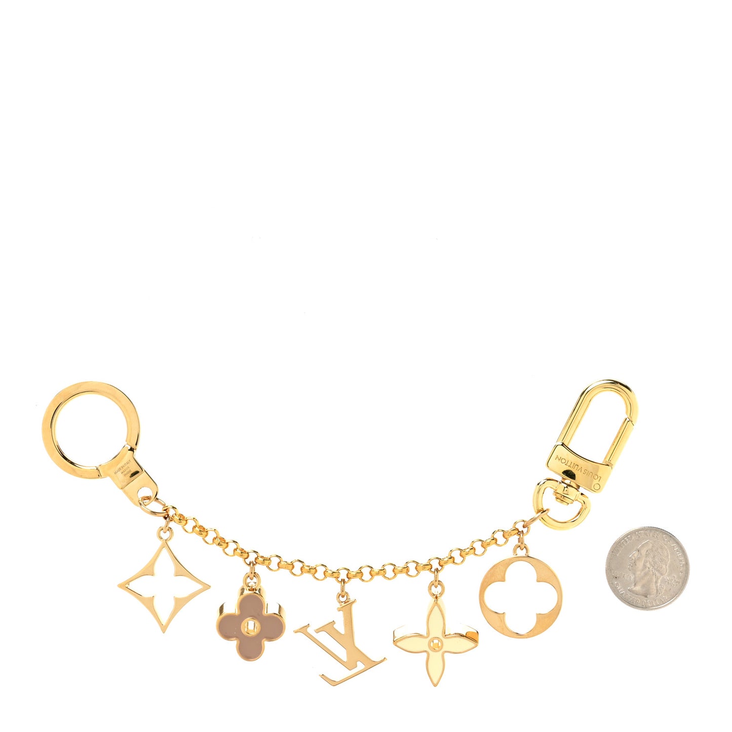 Brass Enamel Fleur De Monogram Bag Charm Chain Gold