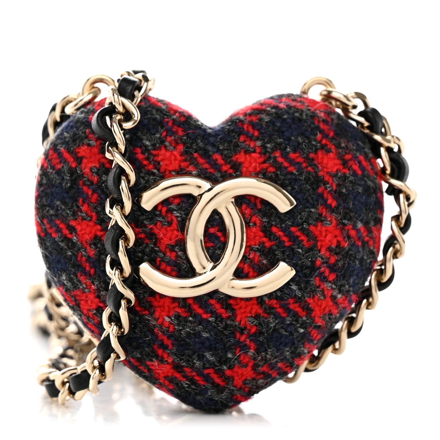 Chanel Tweed Lambskin CC Heart Mirror Locket Necklace Gold Grey Red Black 1 of 9