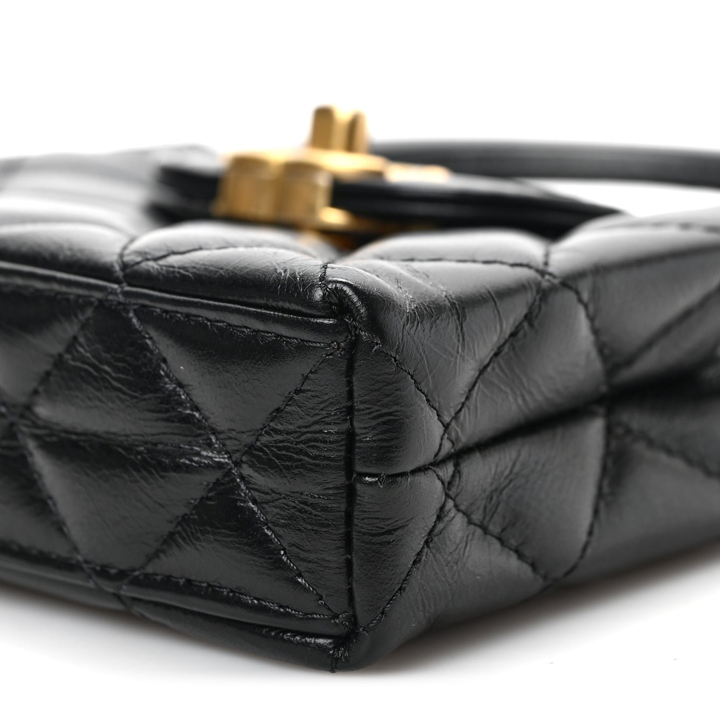 Shiny Aged Calfskin Quilted Mini Nano Kelly Shopper Black