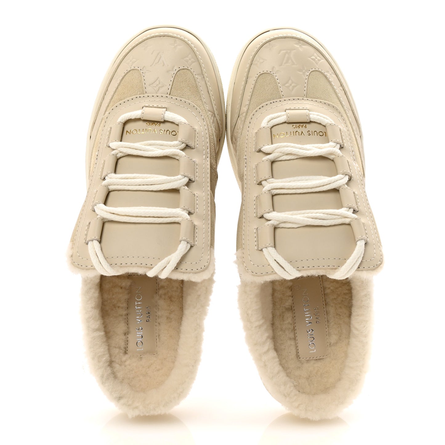 Suede Monogram Debossed Shearling Lous Open Back Sneakers 38 Light Beige