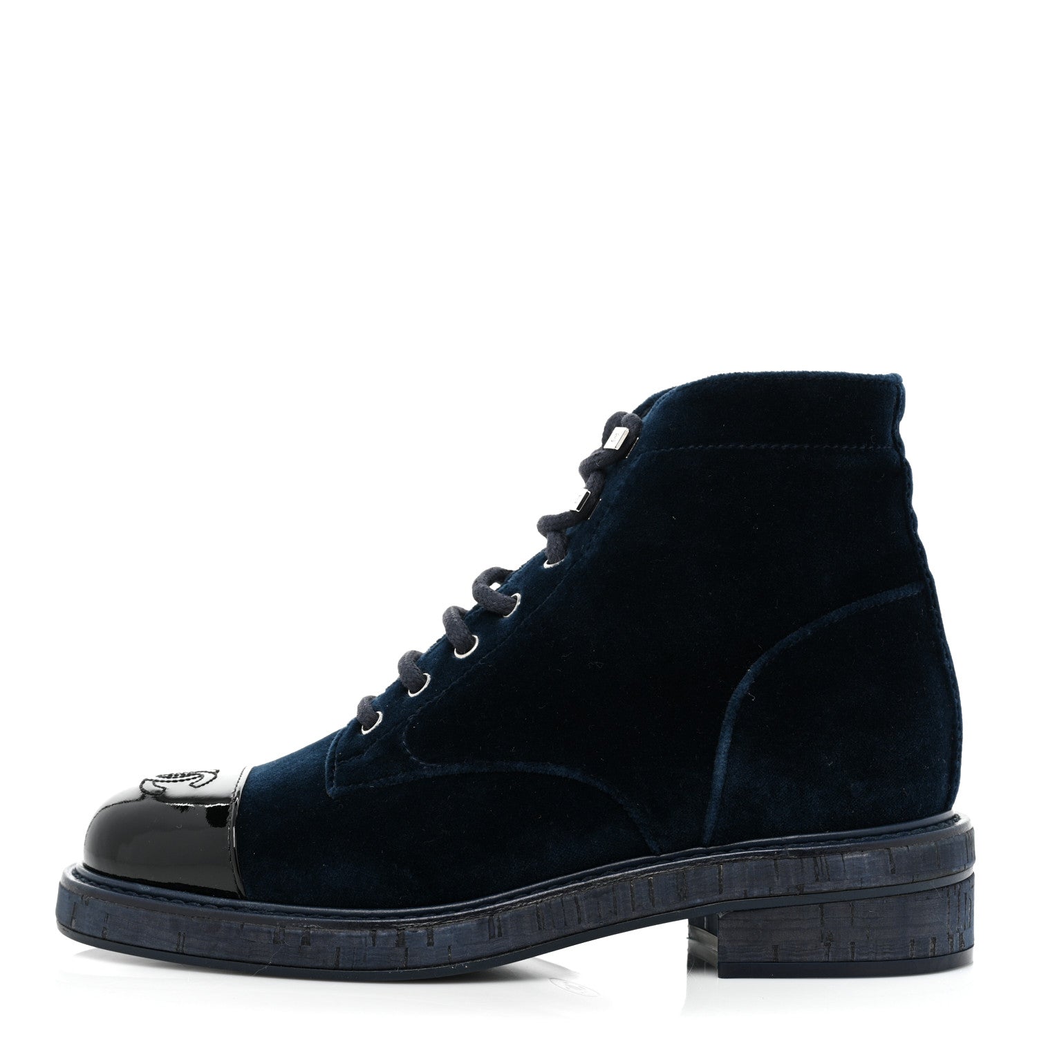 Chanel Velvet Patent Cap Toe CC Lace Up Combat Boots 37 Blue Black 1 of 10