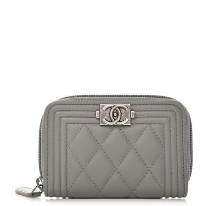 Chanel Lambskin Quilted Boy Zip Around Coin Purse Wallet Grey 1 of 8
