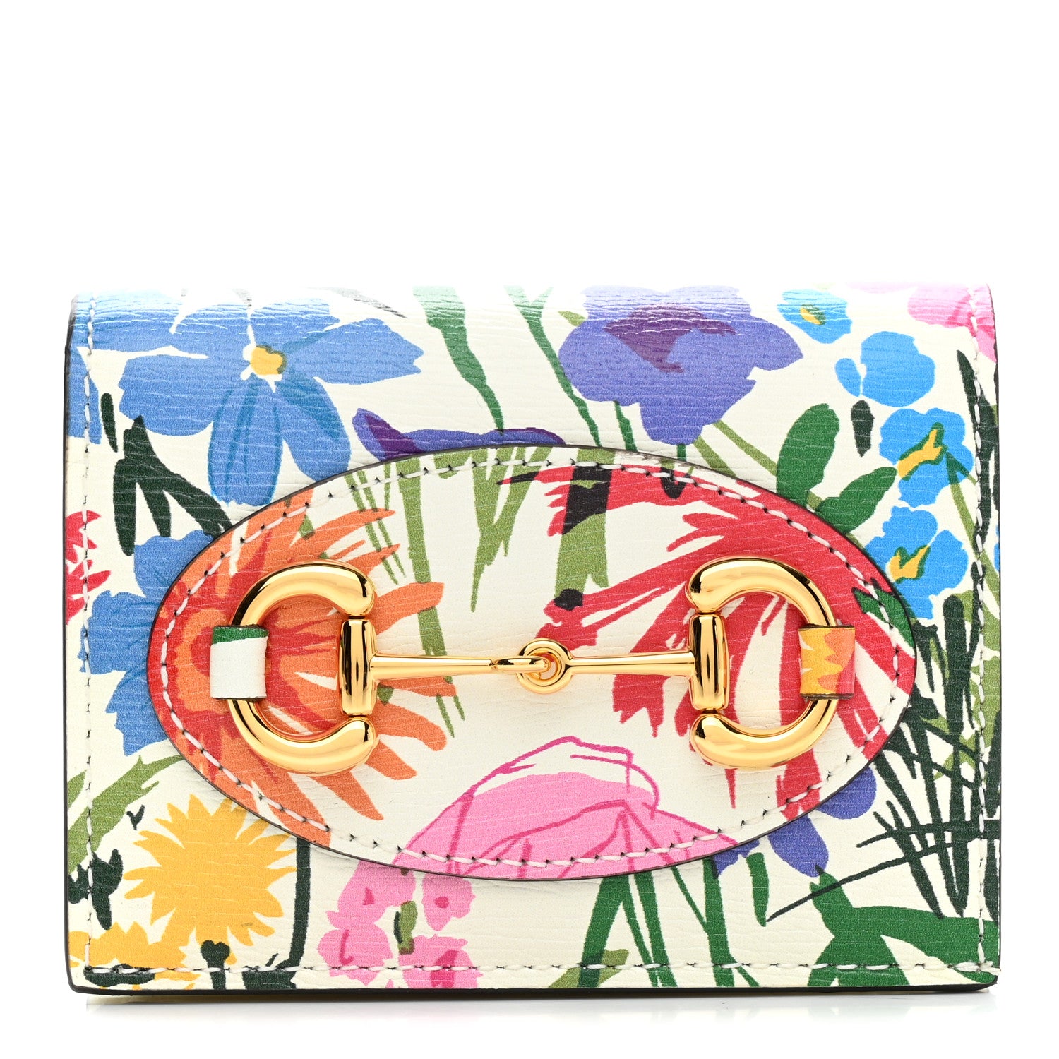 Gucci X KEN SCOTT New Shangai Calfskin Jardin D Avril Floral Print Horsebit 1955 Card Case Wallet Ivory Pink 1 of 7