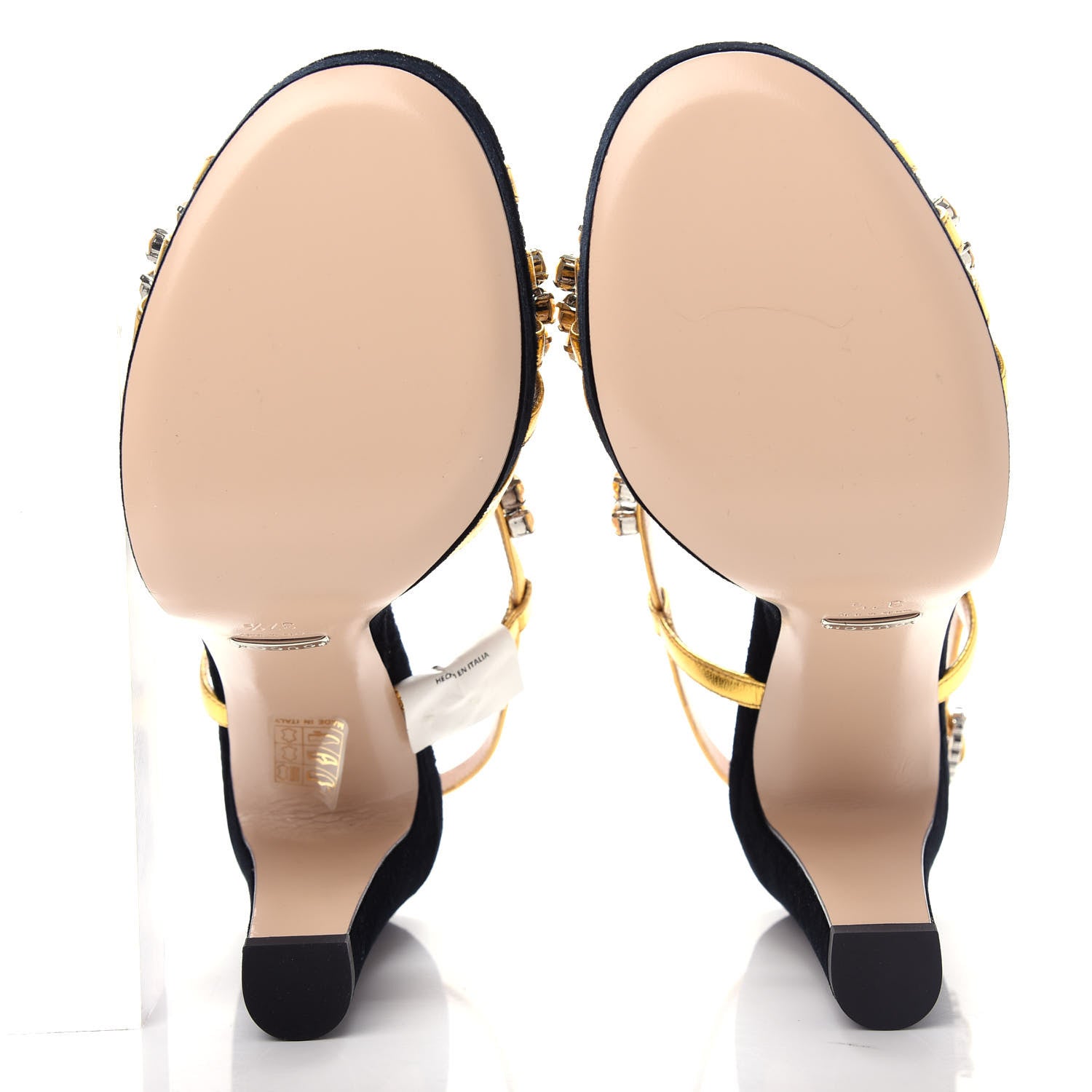 Gucci Velvet Nappa Crystal Zephyra Slingback Platform High Heel Sandals 37.5 Black Gold 6 of 10
