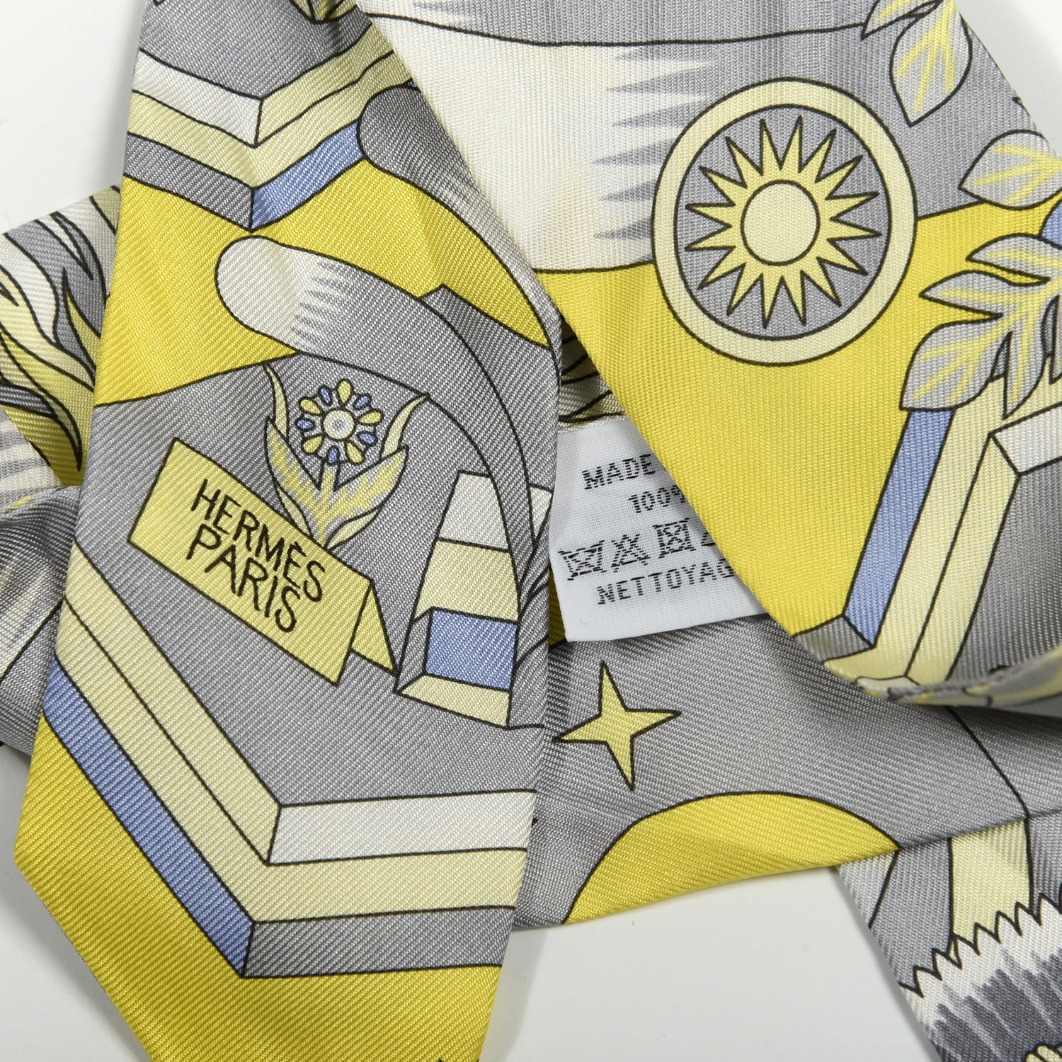 Hermes Silk La Source de Pegase Twilly Jaune Vif Gris Perle 4 of 4