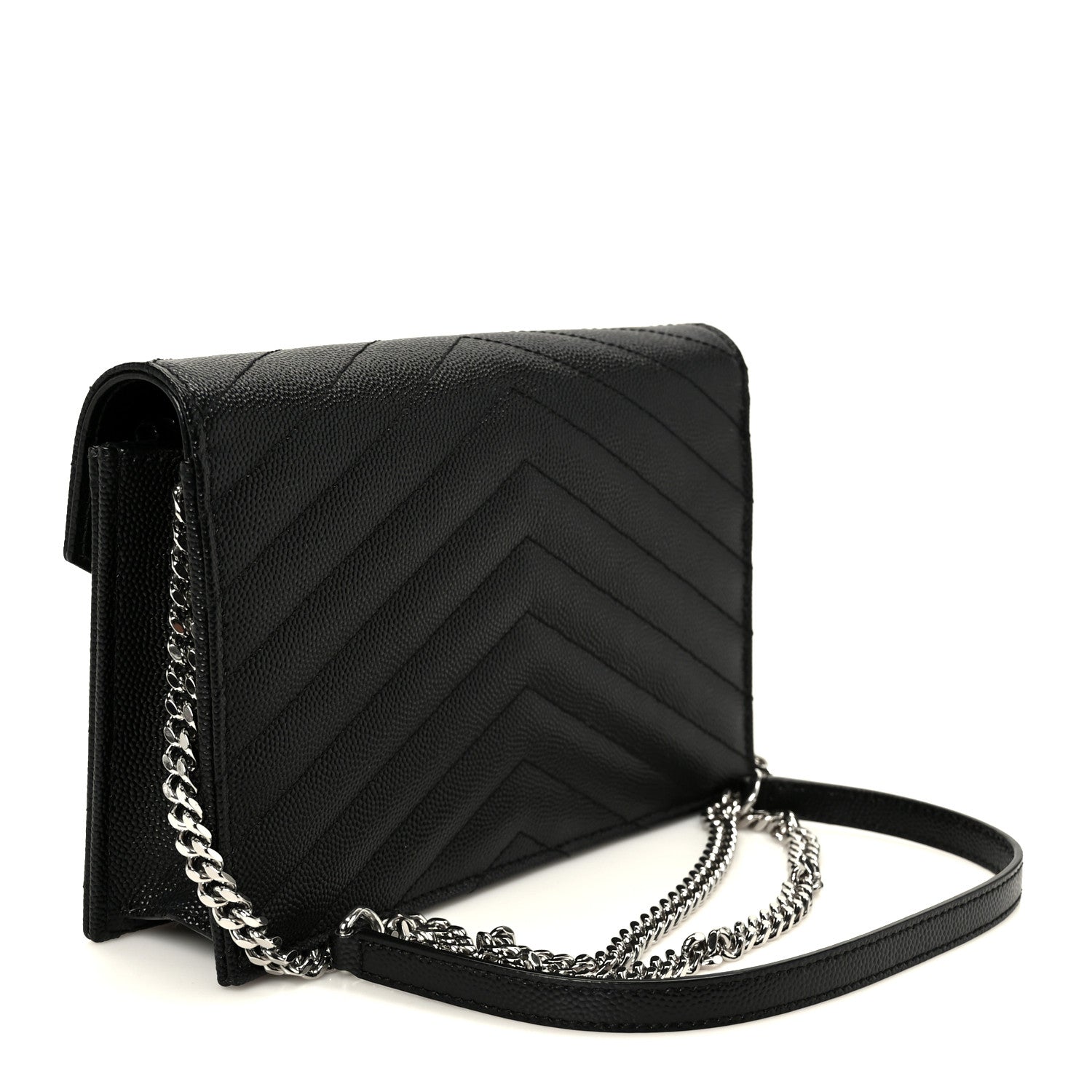Saint Laurent Grain De Poudre Matelasse Chevron Monogram Envelope Chain Wallet Black 3 of 10