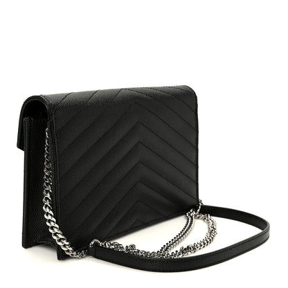 Saint Laurent Grain De Poudre Matelasse Chevron Monogram Envelope Chain Wallet Black 3 of 10
