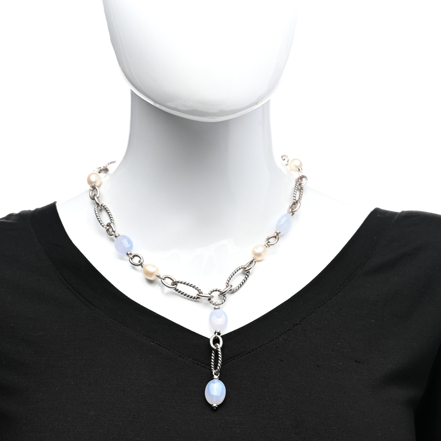 Sterling Silver Chalcedony Pearl Lariat Necklace