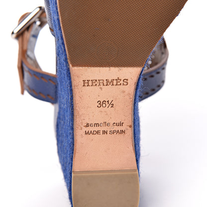 Hermes Patent Epsom Perforated Espadrille Wedge Sandals 36.5 Bleu Saphir 9 of 10