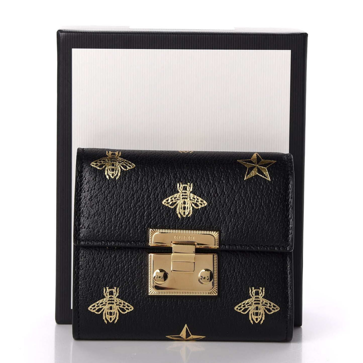 Calfskin Bee Star Print Padlock Wallet Black