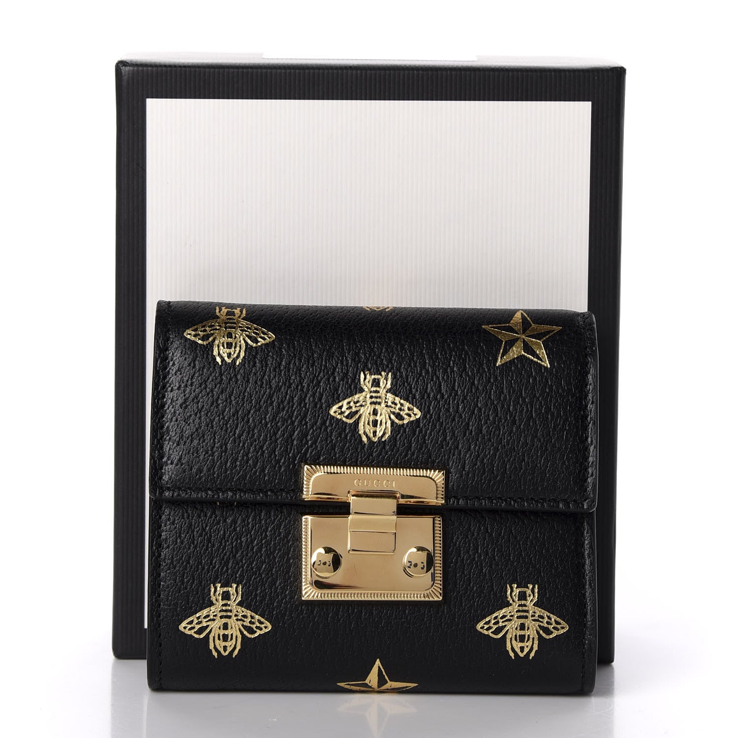 Gucci Calfskin Bee Star Print Padlock Wallet Black 7 of 7