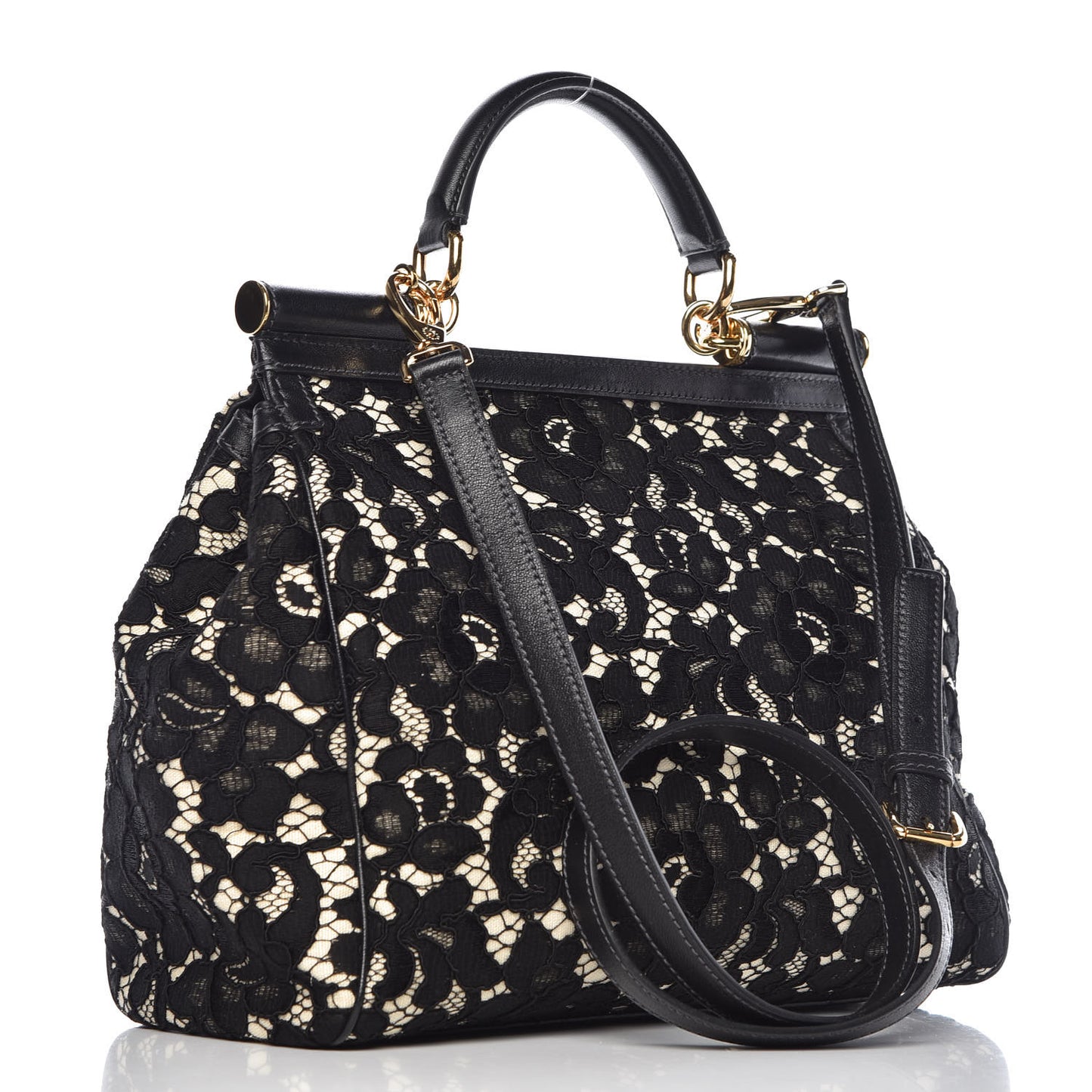Calfskin Lace Large Miss Sicily Satchel Black