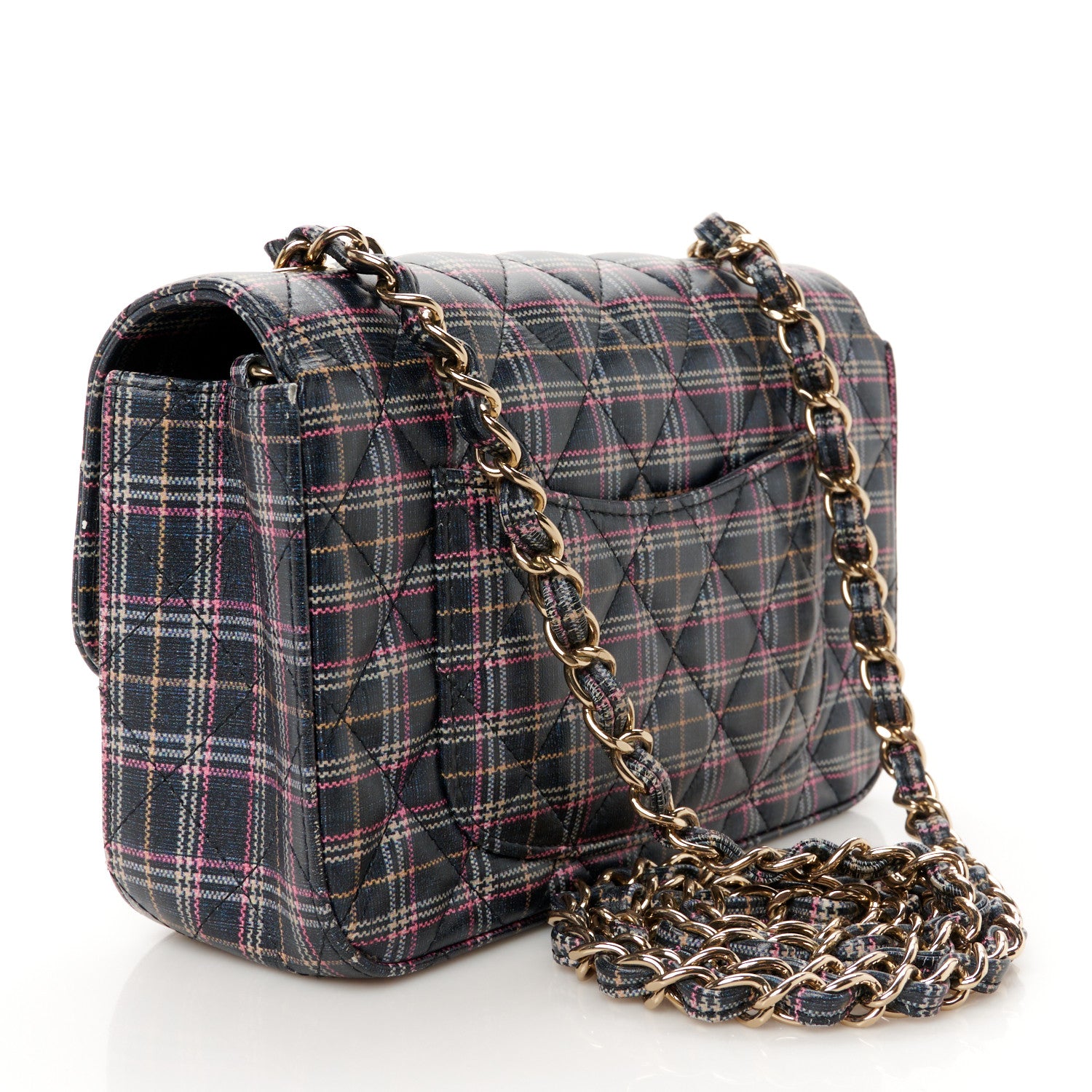 Chanel Calfskin Quilted Plaid Printed Small Single Flap Navy