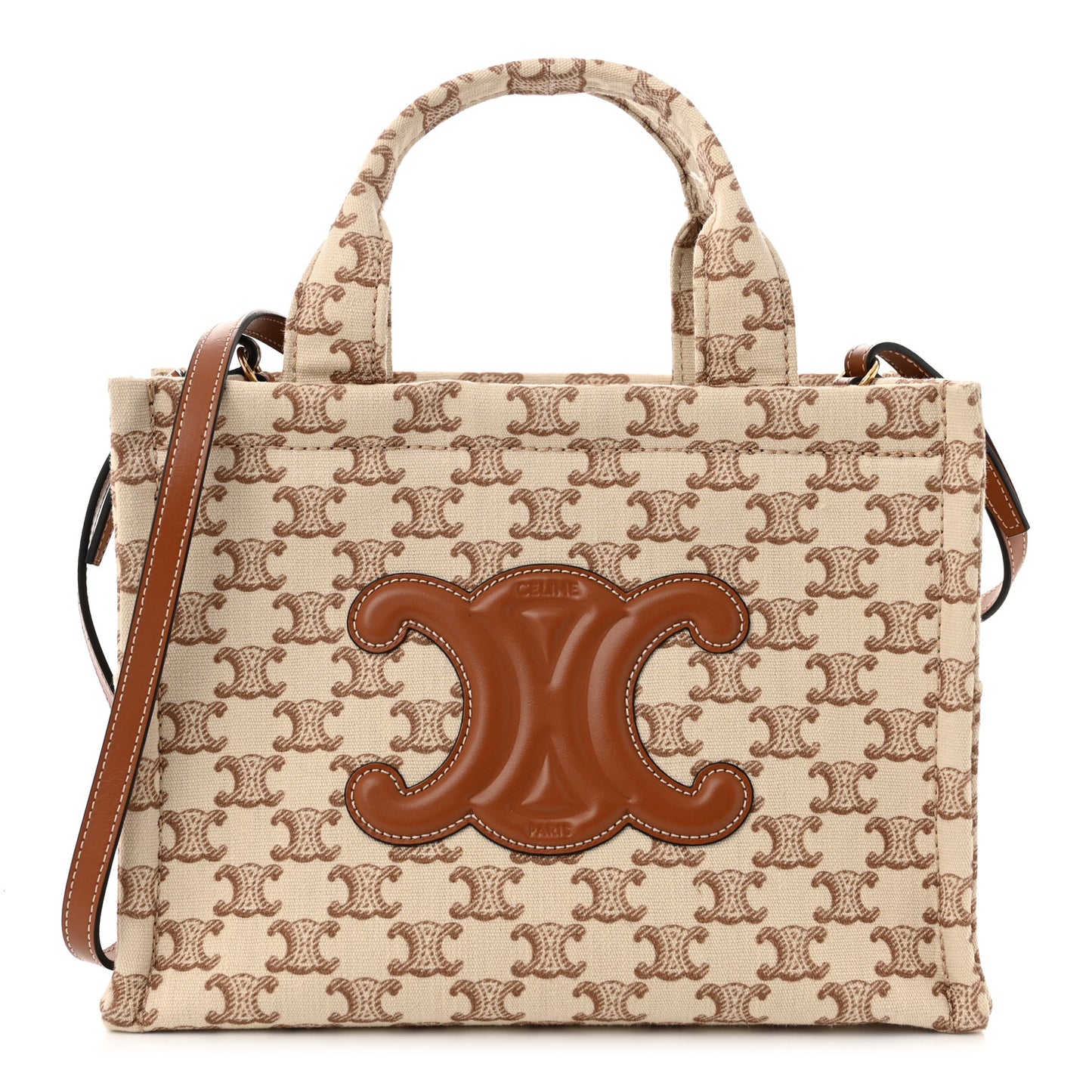 Canvas Calfskin Triomphe Print Small Cabas Thais White