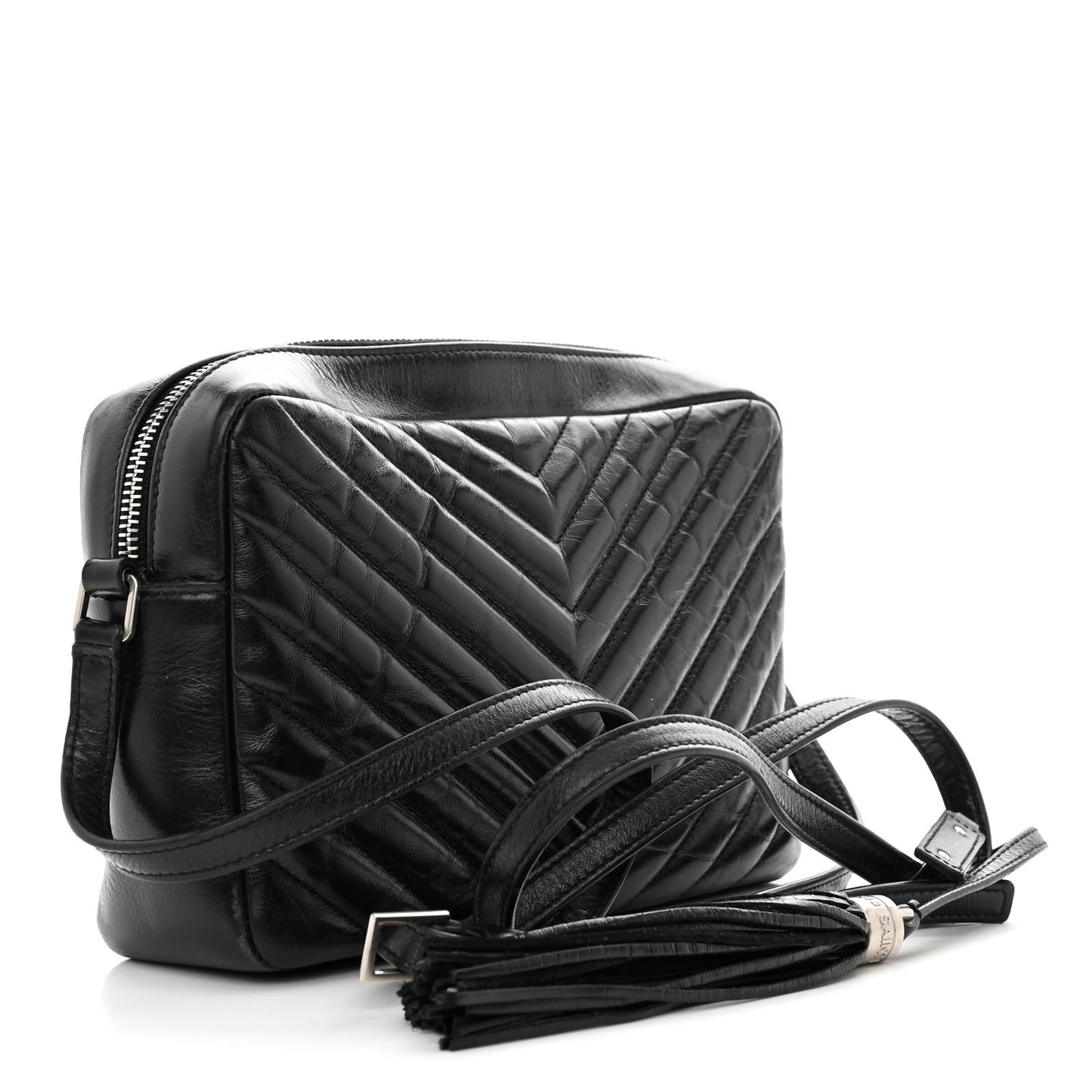 Cracked Shiny Calfskin Matelasse Monogram Lou Camera Bag Black