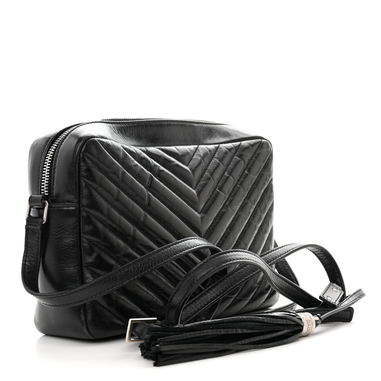 Saint Laurent Cracked Shiny Calfskin Matelasse Monogram Lou Camera Bag Black 3 of 11