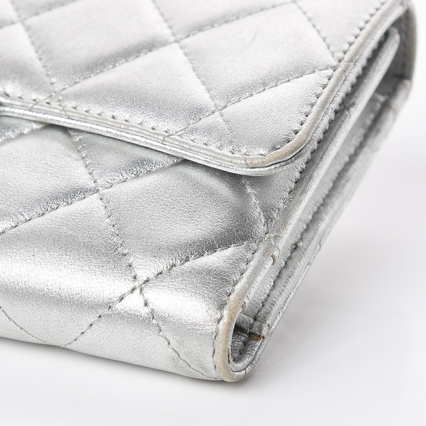 Metallic Lambskin Quilted Long Flap Wallet Silver