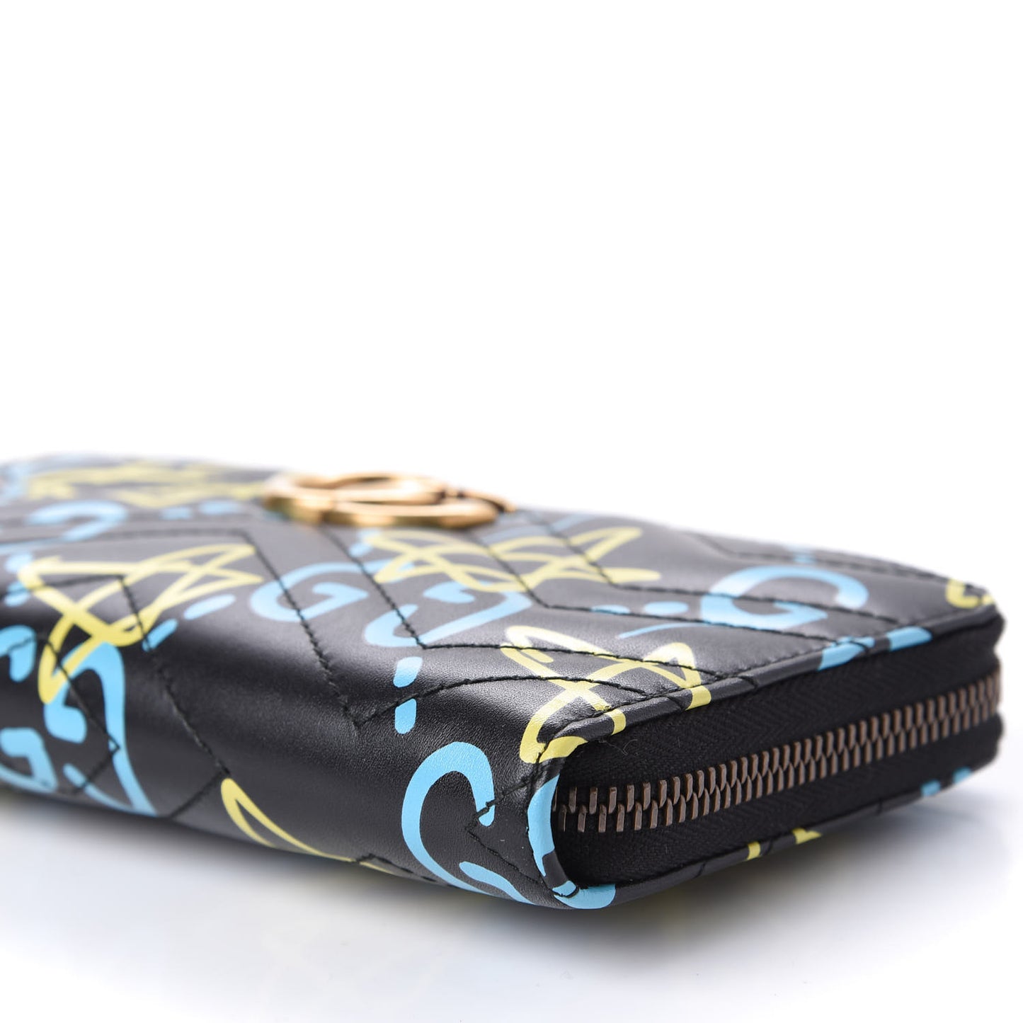 Calfskin Matelasse GucciGhost GG Marmont Zip Around Wallet Black New Acquamarine