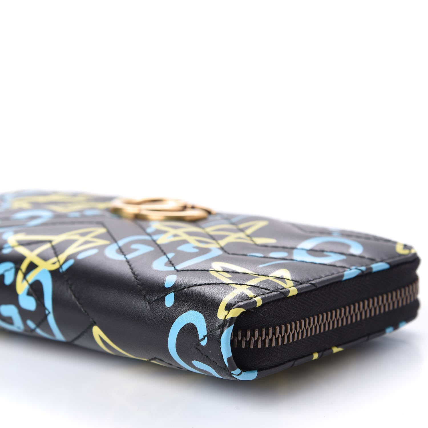 Gucci Calfskin Matelasse GucciGhost GG Marmont Zip Around Wallet Black New Acquamarine 9 of 10