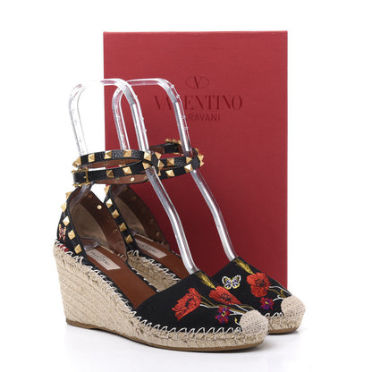 Valentino Garavani Canvas Poppy Embroidered Rockstud Ankle Wrap Espadrille 15/85mm Wedges 39 Black 9 of 9