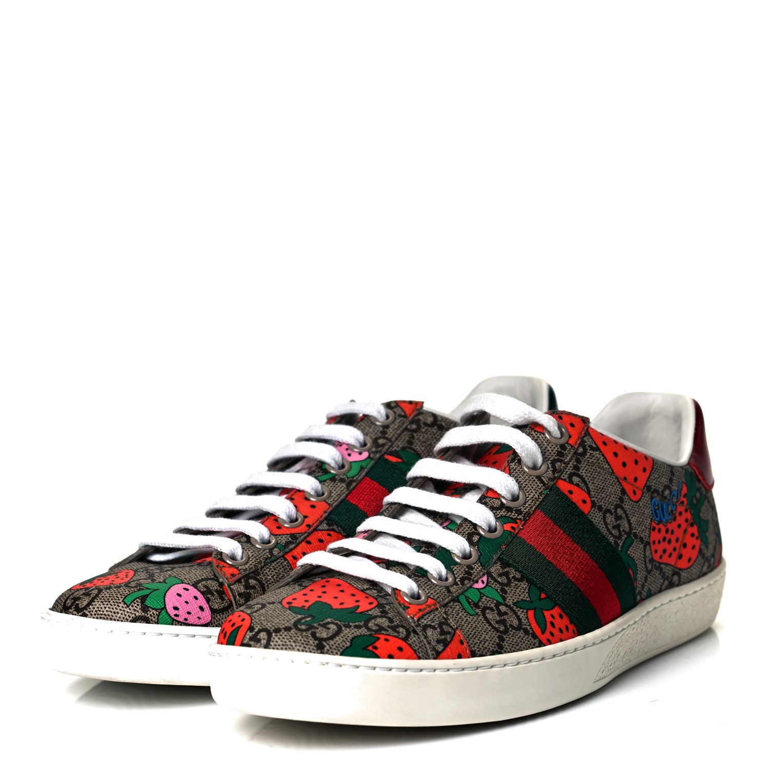 Gucci GG Supreme Monogram Strawberry Web Womens Ace Sneakers 36.5 Beige Multicolor Red Green 3 of 9