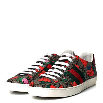 Gucci GG Supreme Monogram Strawberry Web Womens Ace Sneakers 36.5 Beige Multicolor Red Green 3 of 9