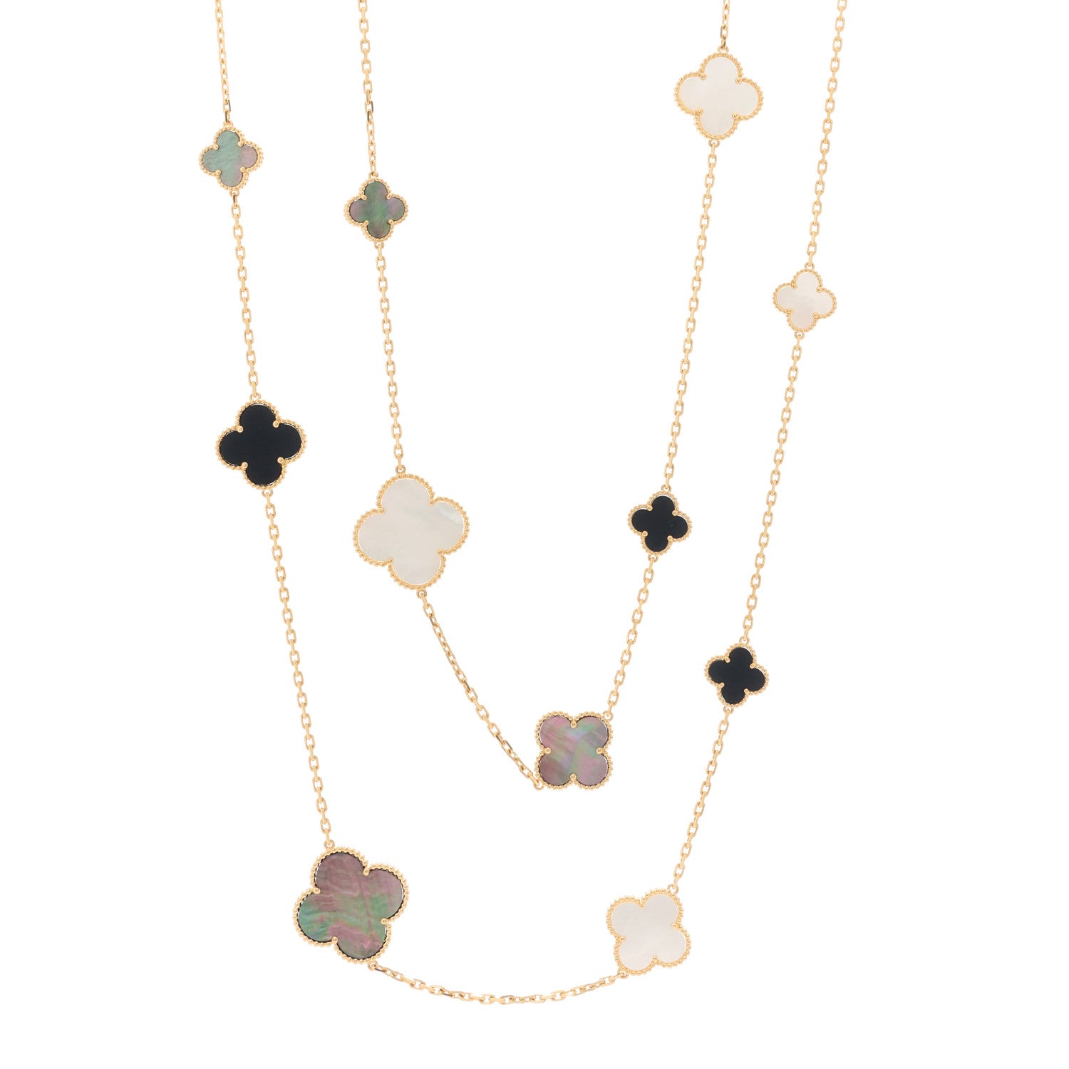 Van Cleef & Arpels 18K Yellow Gold Onyx Mother of Pearl 16 Motifs Magic Alhambra Necklace 1 of 9