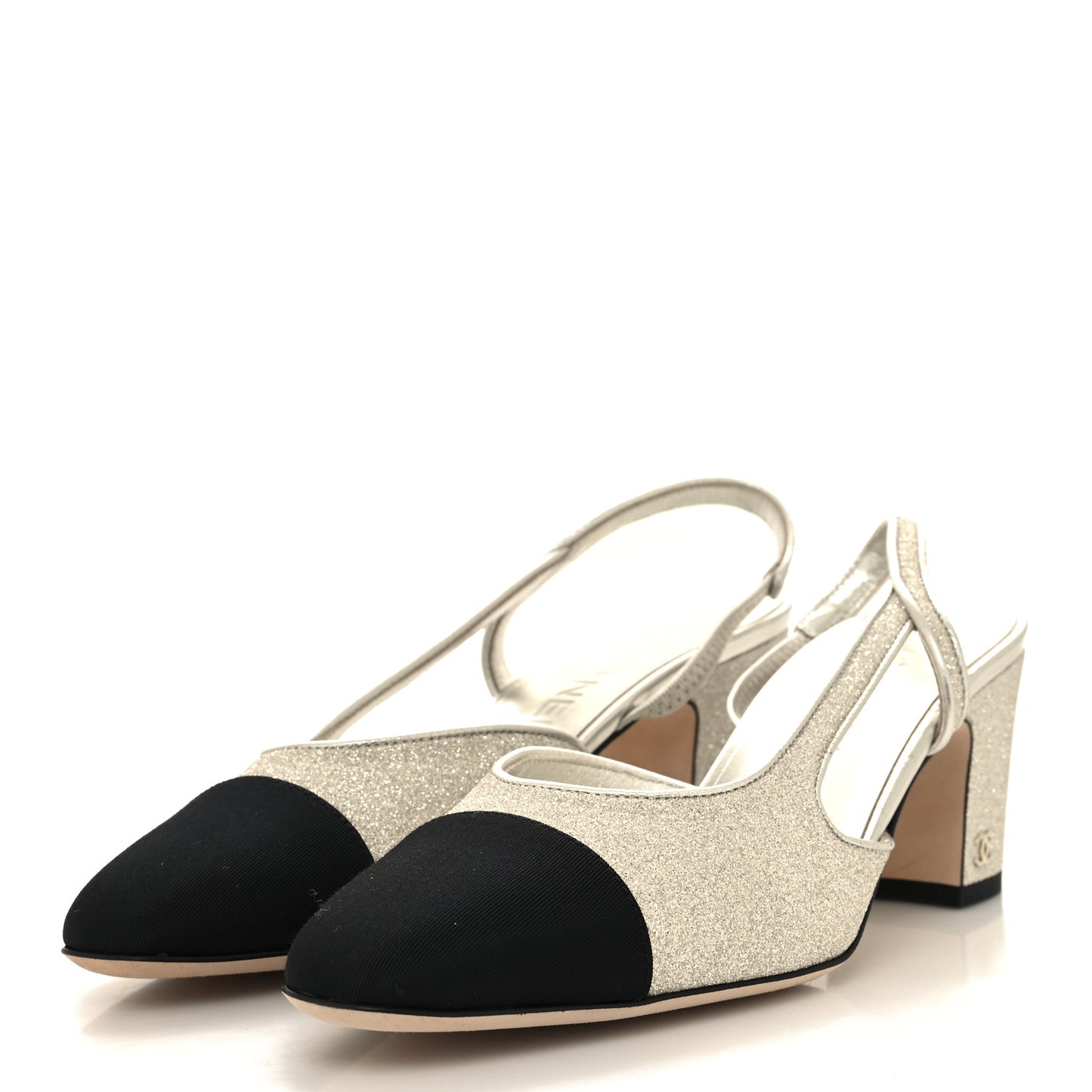 Glitter Grosgrain Cap Toe CC Slingback Pumps 38 Silver Black
