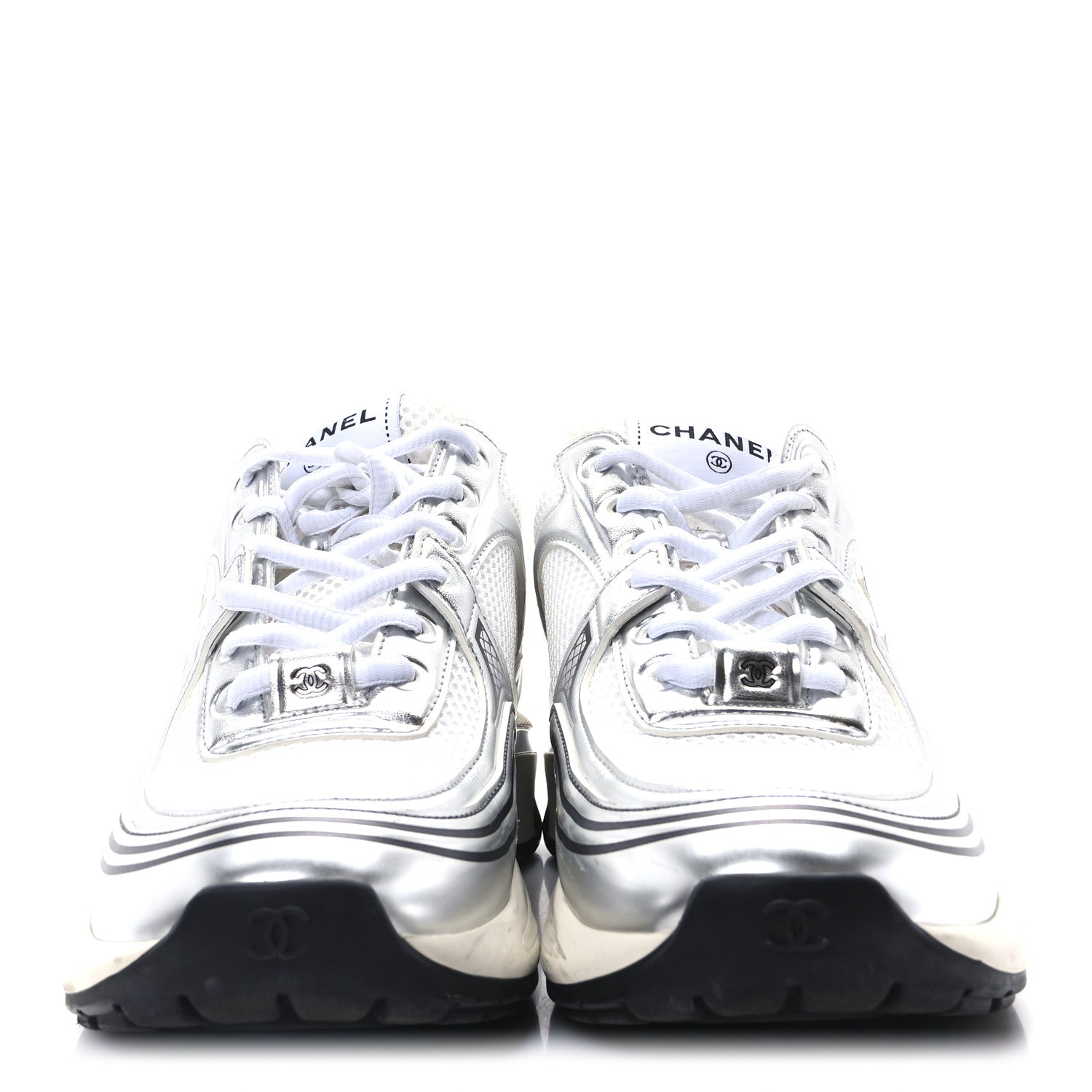 Chanel Fabric Laminated Calfskin Stretch CC Sneakers 39 White Silver 3 of 9