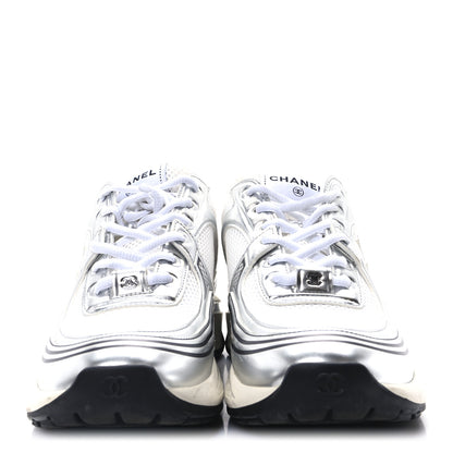 Chanel Fabric Laminated Calfskin Stretch CC Sneakers 39 White Silver 3 of 9