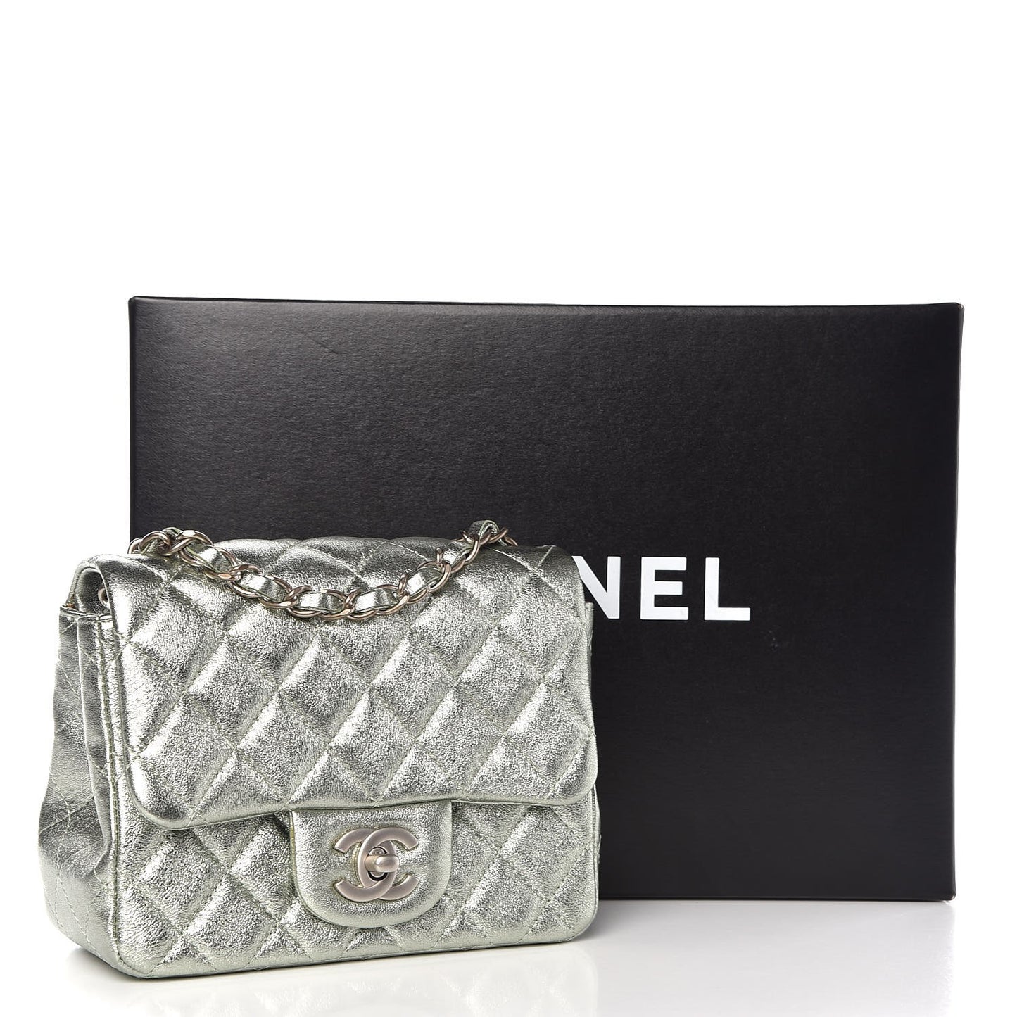 Metallic Lambskin Quilted Mini Square Flap Green