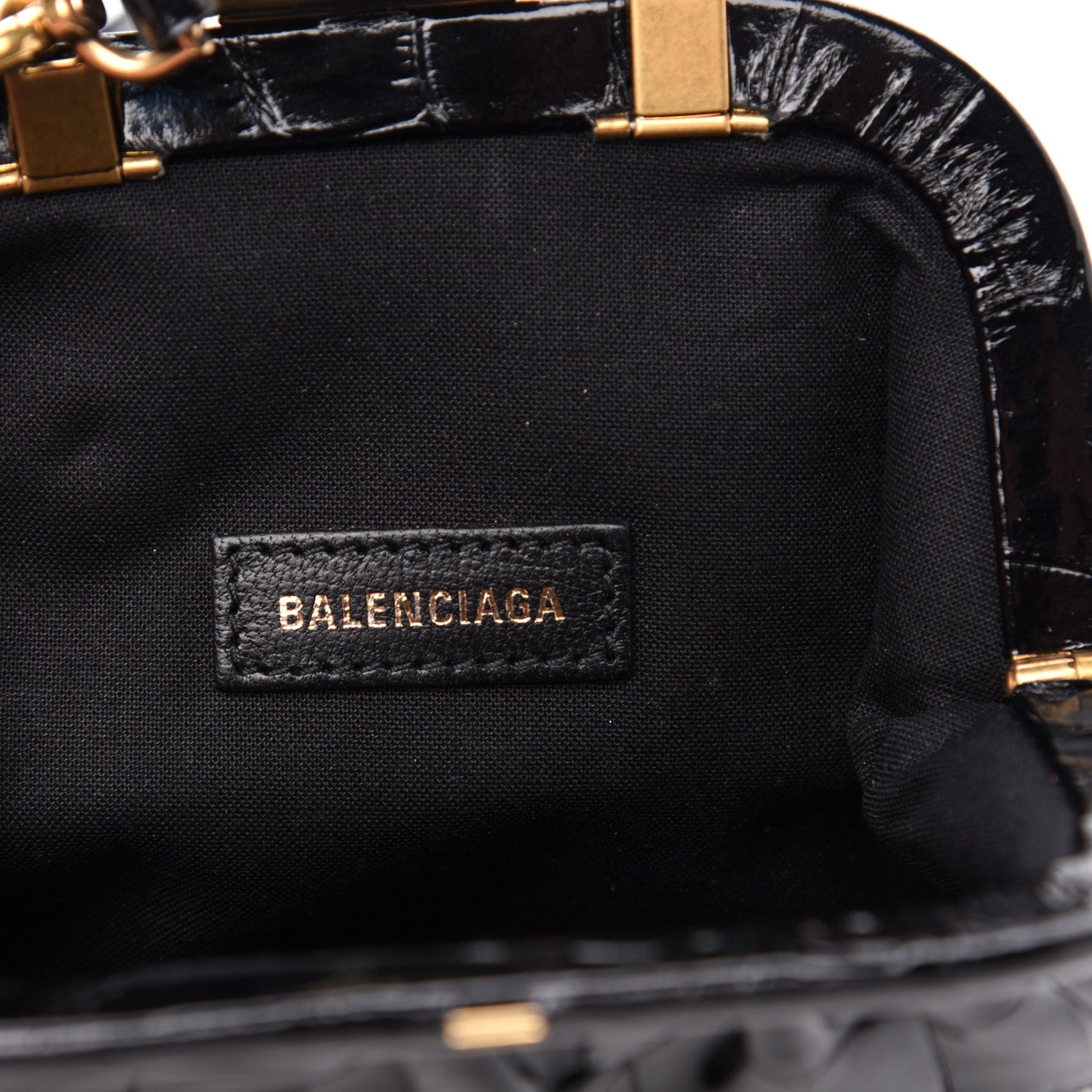 Balenciaga Shiny Supple Calfskin Logo Crocodile Embossed Cloud Coin Purse With Strap Black White 6 of 10