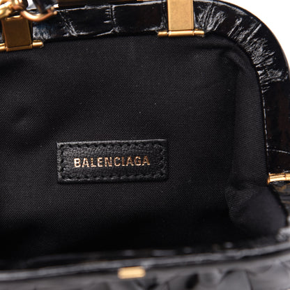 Balenciaga Shiny Supple Calfskin Logo Crocodile Embossed Cloud Coin Purse With Strap Black White 6 of 10