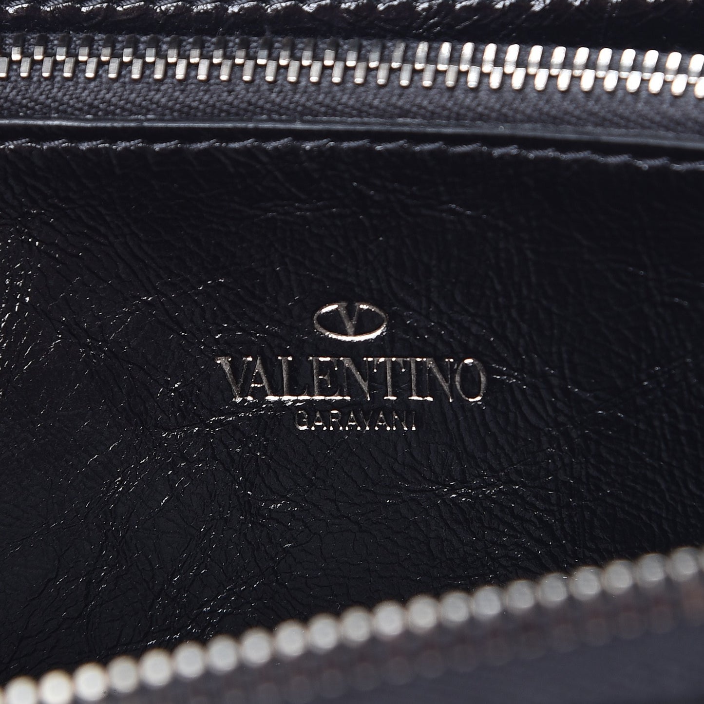 Craquele Calfskin Rockstud Zip Around Wallet Black
