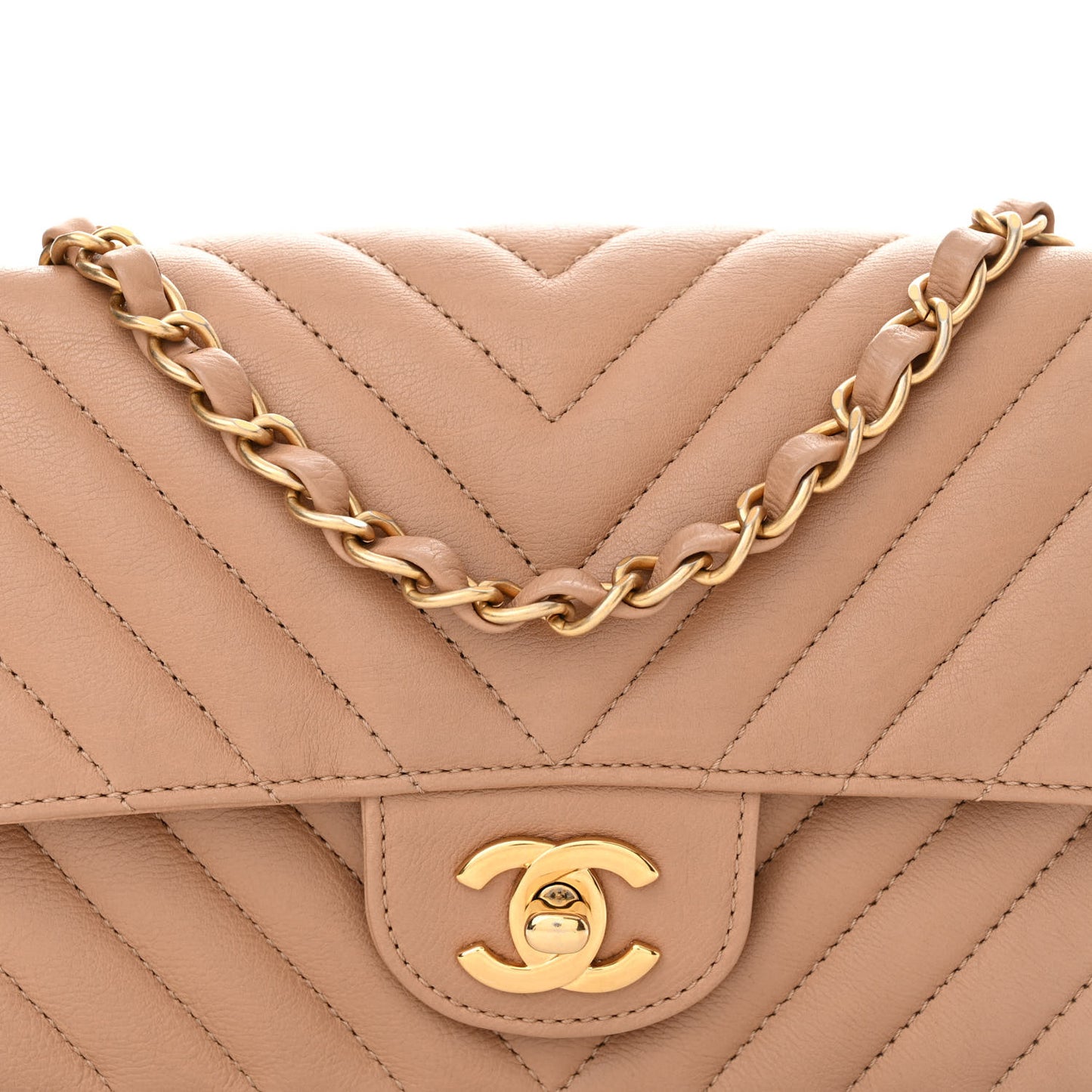 Calfskin Chevron Quilted Mini Rectangular Flap Dark Beige