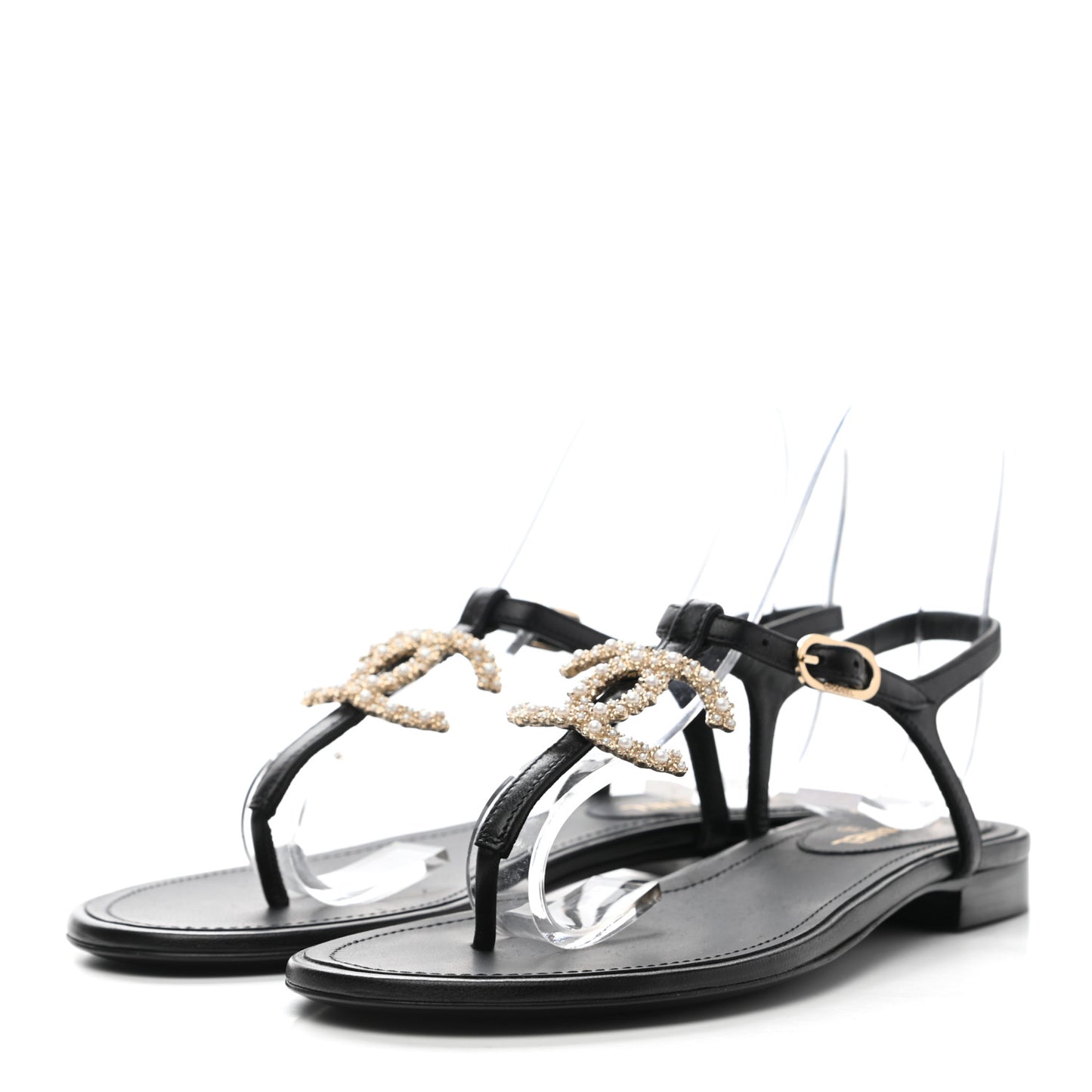Calfskin Pearl Crystal CC Charm Thong Sandals 35.5 Black
