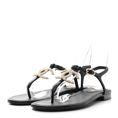 Chanel Calfskin Pearl Crystal CC Charm Thong Sandals 35.5 Black 3 of 11
