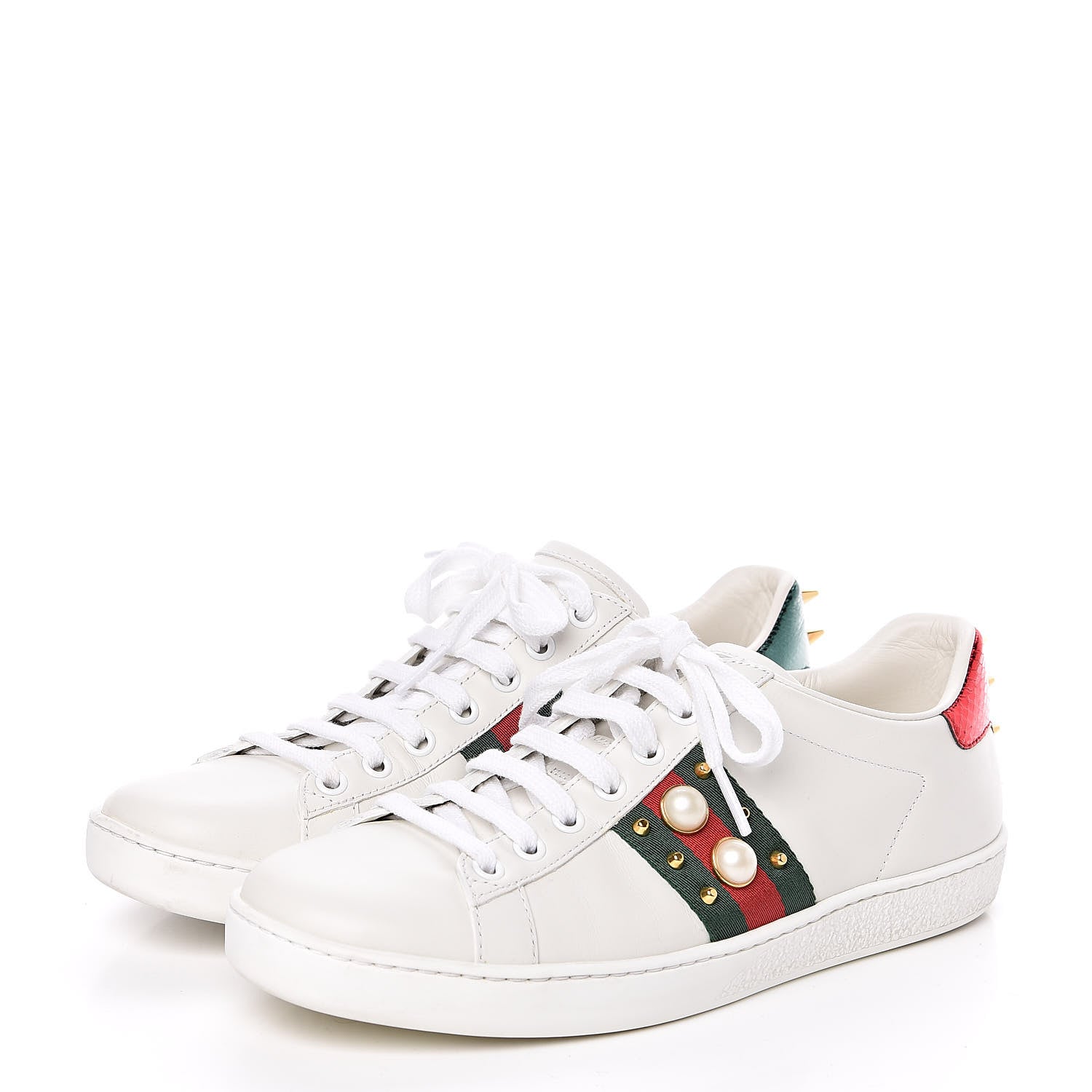 Gucci Calfskin Web Pearl Studded Womens Ace Sneakers 38 White 3 of 9