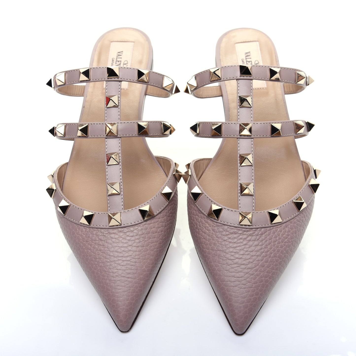 Pebbled Calfskin Rockstud Flat Cage Mules 36.5 Poudre