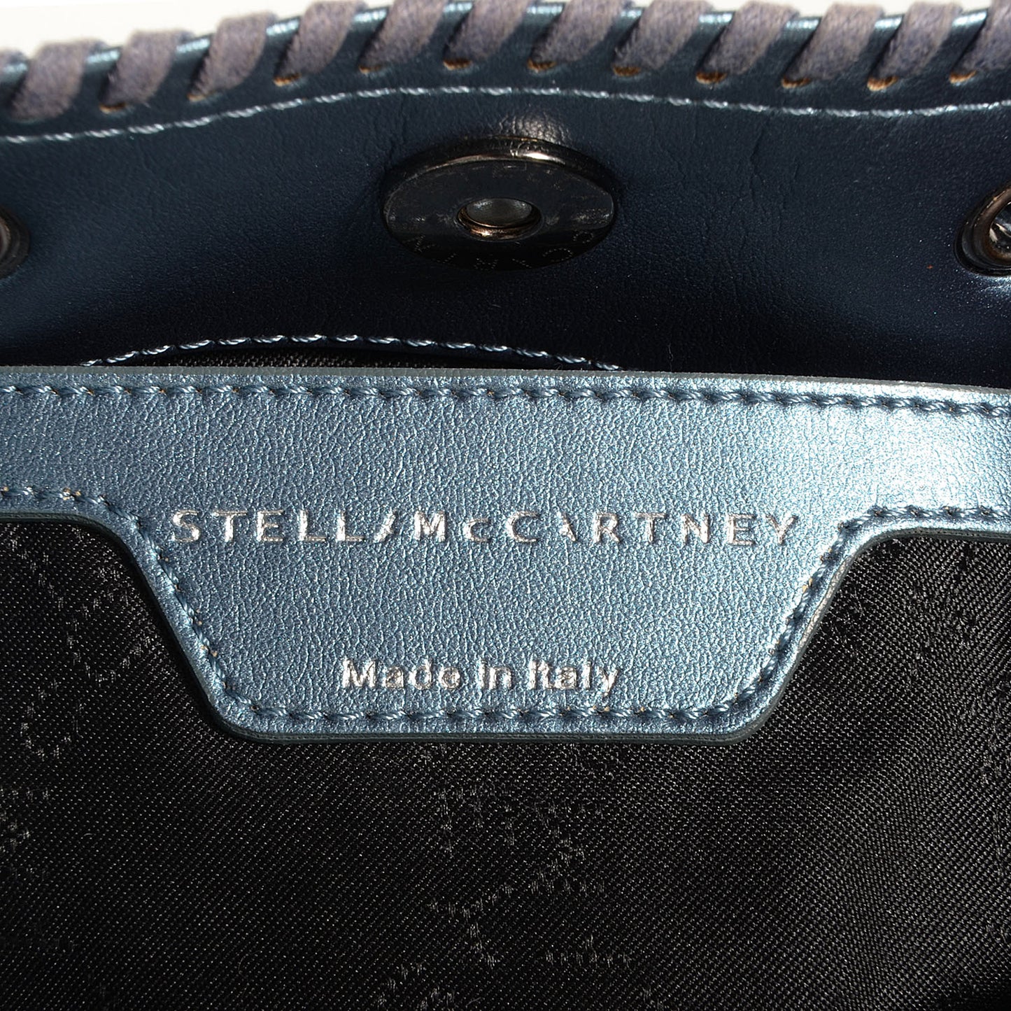 Raffia Woven Mini Bucket Falabella Bag Metallic Blue