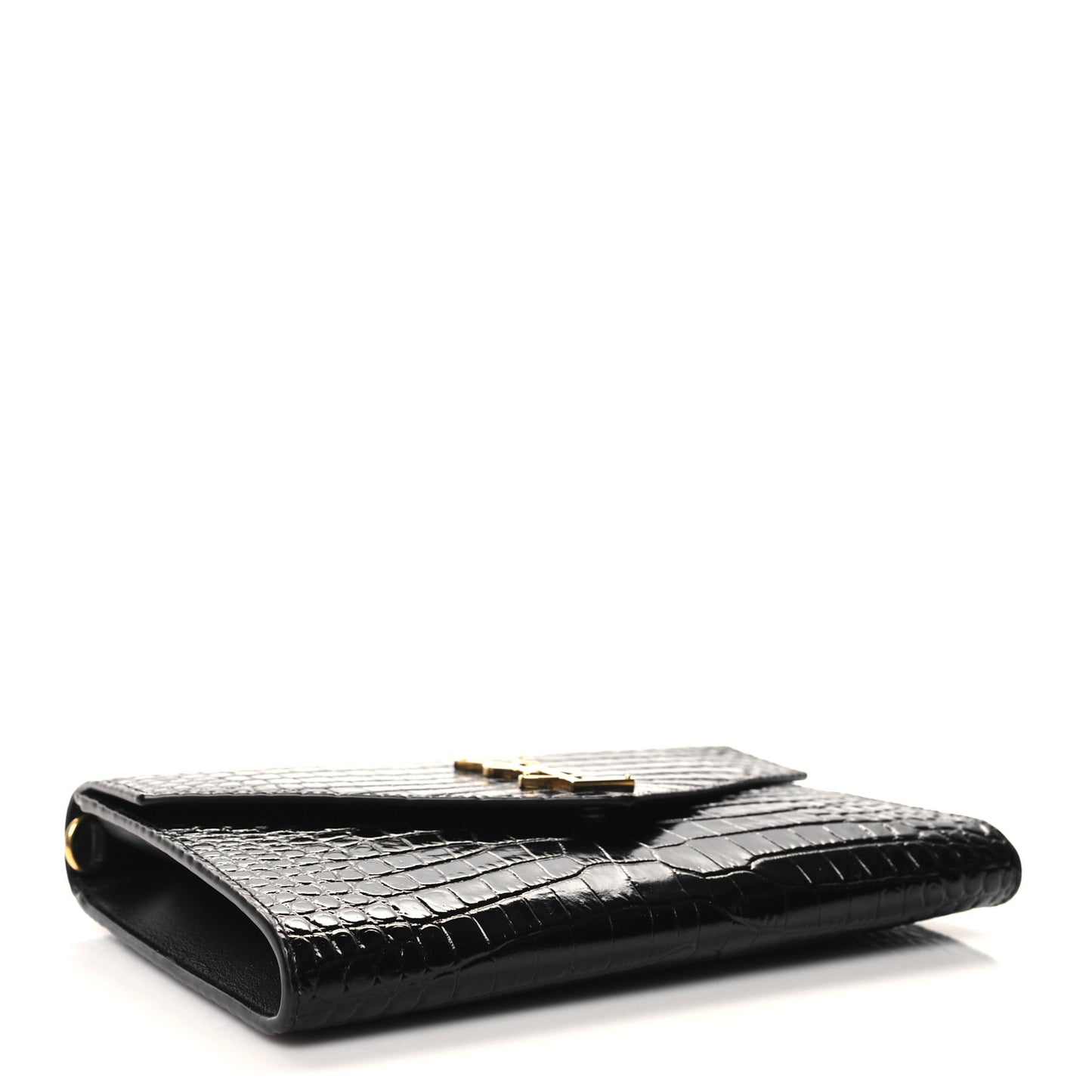SAINT LAURENT Calfskin Crocodile Embossed Monogram Cassandre Flap Pouch Black