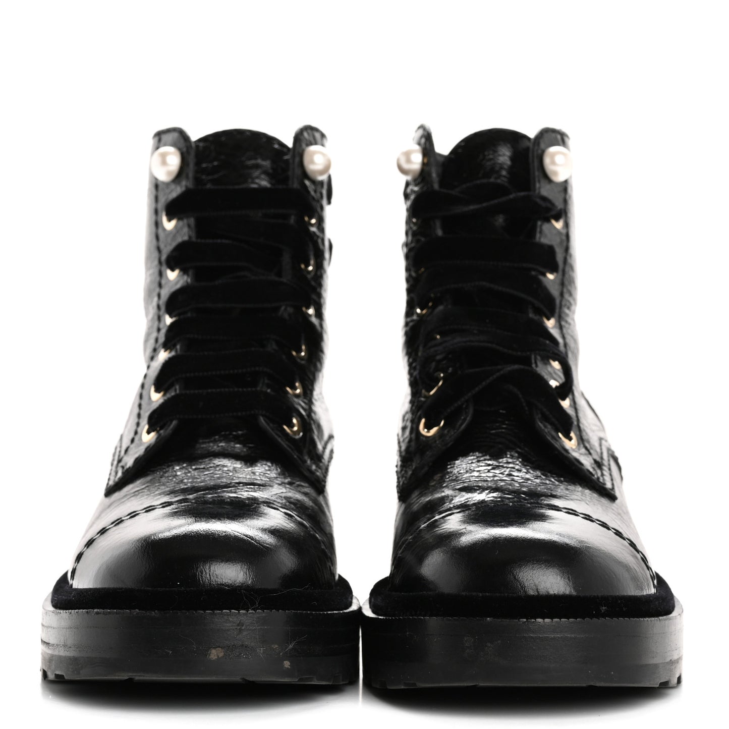 Shiny Calfskin Velvet Pearl Combat Short Boots 37.5 Black