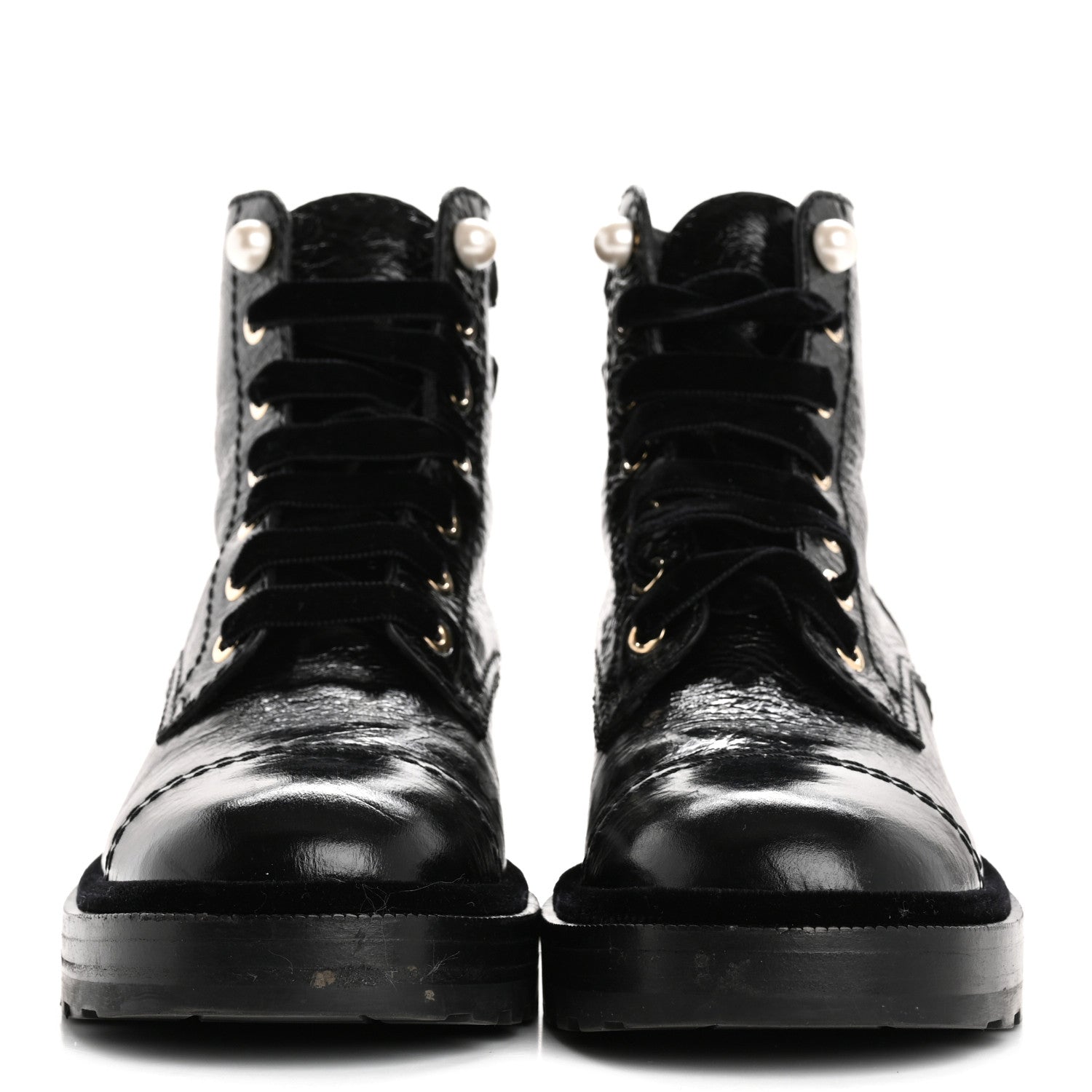 Chanel Shiny Calfskin Velvet Pearl Combat Short Boots 37.5 Black 3 of 13