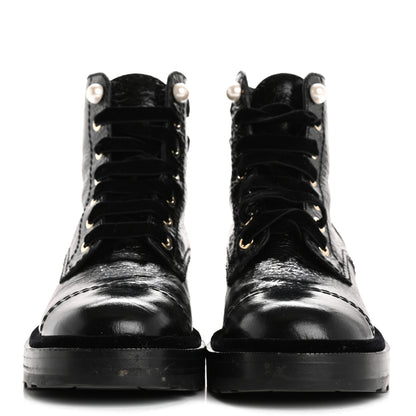 Chanel Shiny Calfskin Velvet Pearl Combat Short Boots 37.5 Black 3 of 13