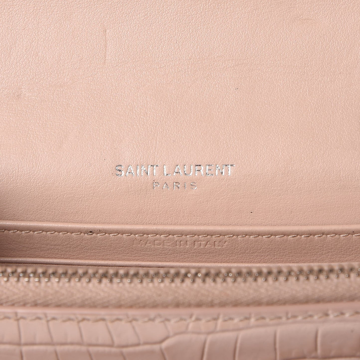Calfskin Crocodile Embossed Monogram Sunset Chain Wallet Soft Nude