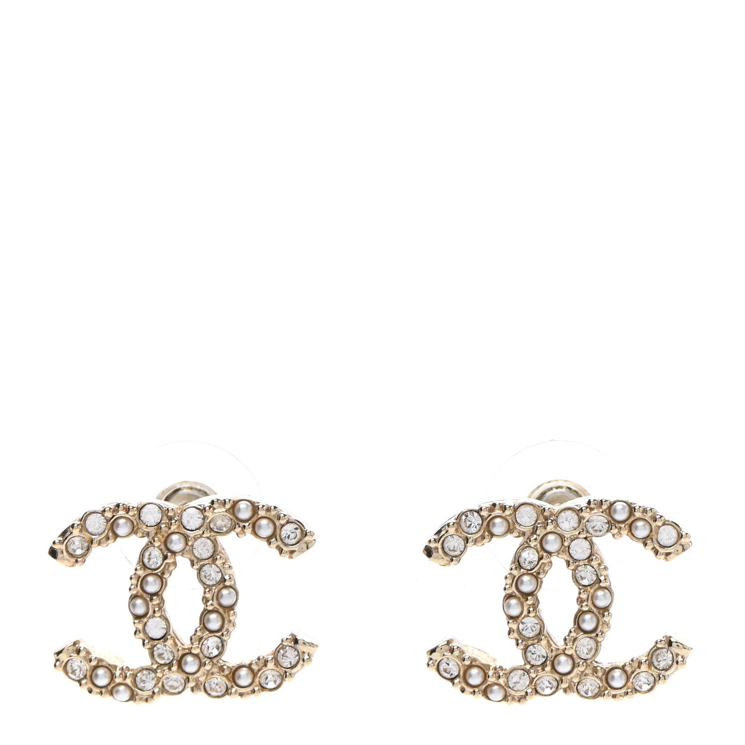 Chanel Metal Graduated Pearl Crystal CC Earrings Light Gold 1 of 5